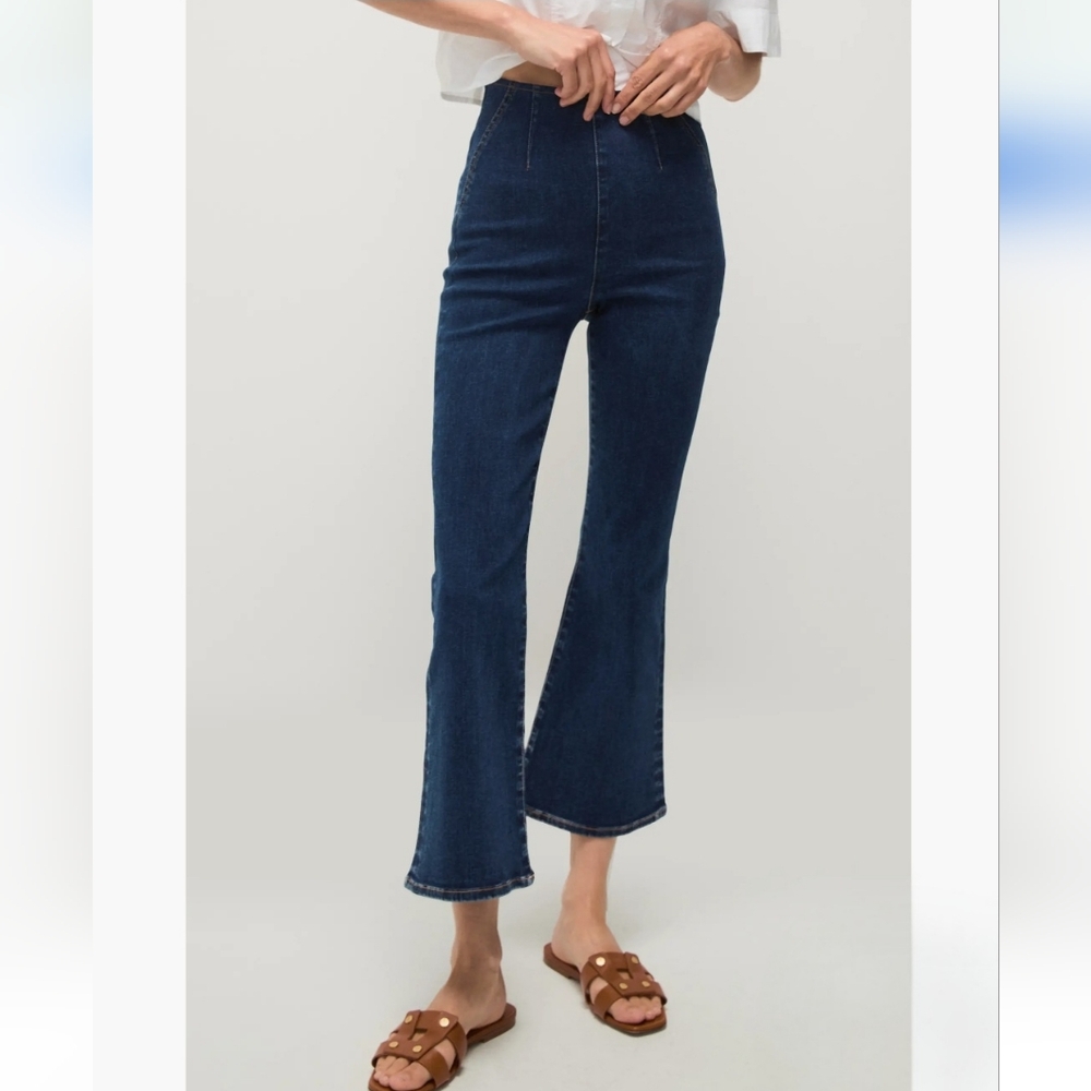Free People Dark Wash Cropped High Rise Flare Jeans